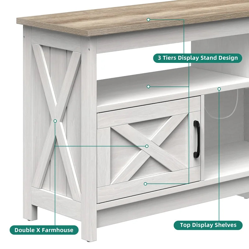 Farmhouse TV Stand for up to 65" TV with X-Door Cabinets, Open Shelves and Power Outlet