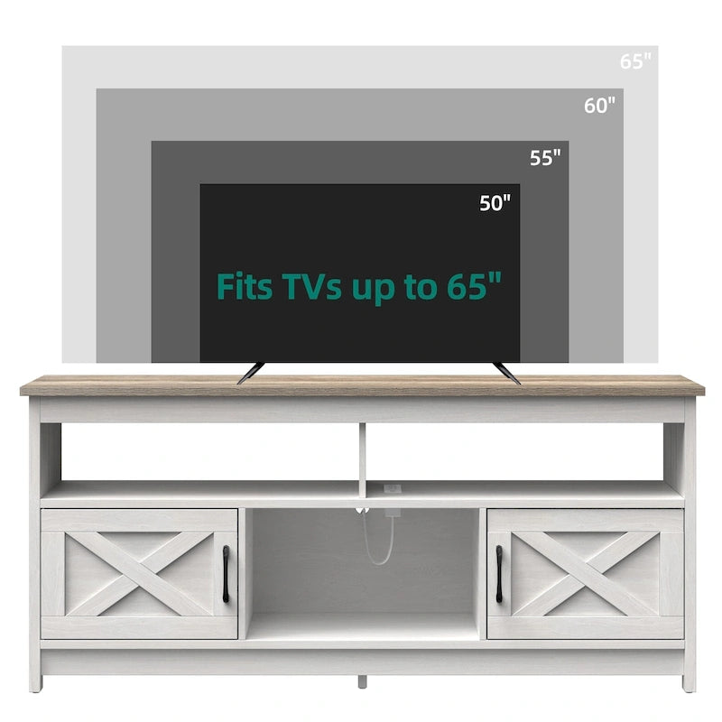 Farmhouse TV Stand for up to 65" TV with X-Door Cabinets, Open Shelves and Power Outlet