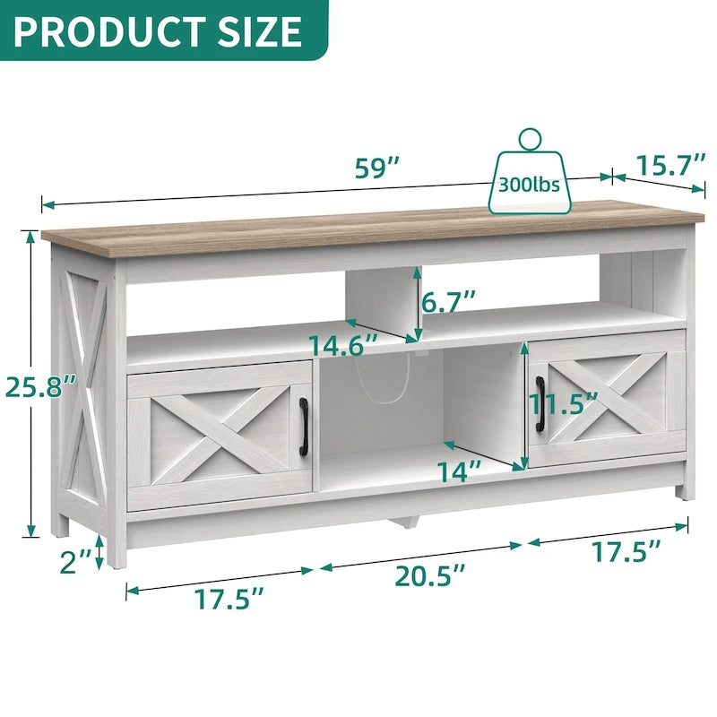 Farmhouse TV Stand for up to 65" TV with X-Door Cabinets, Open Shelves and Power Outlet