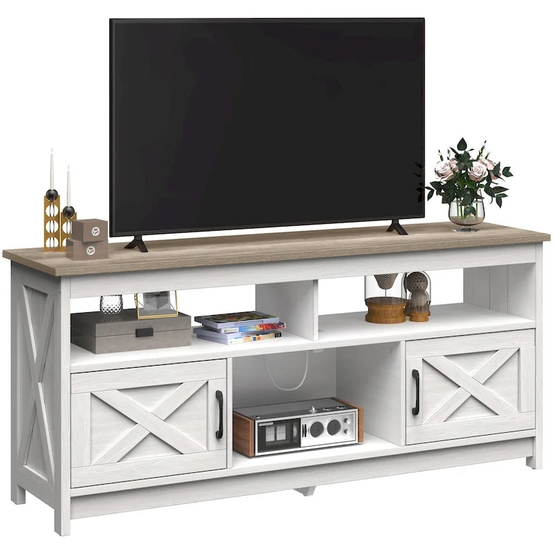 Farmhouse TV Stand for up to 65" TV with X-Door Cabinets, Open Shelves and Power Outlet