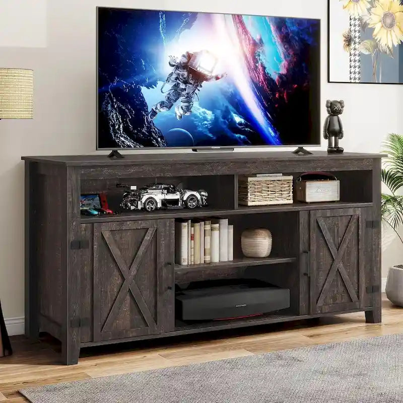 Farmhouse TV Stand for up to 65" TV with X-Door Cabinets, Open Shelves and Power Outlet