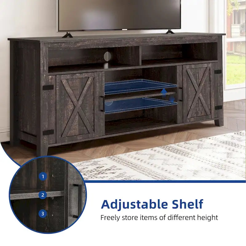 Farmhouse TV Stand for up to 65" TV with X-Door Cabinets, Open Shelves and Power Outlet