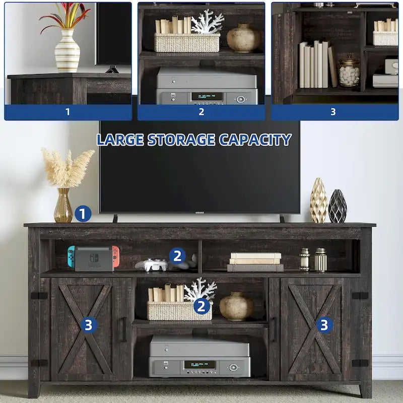 Farmhouse TV Stand for up to 65" TV with X-Door Cabinets, Open Shelves and Power Outlet
