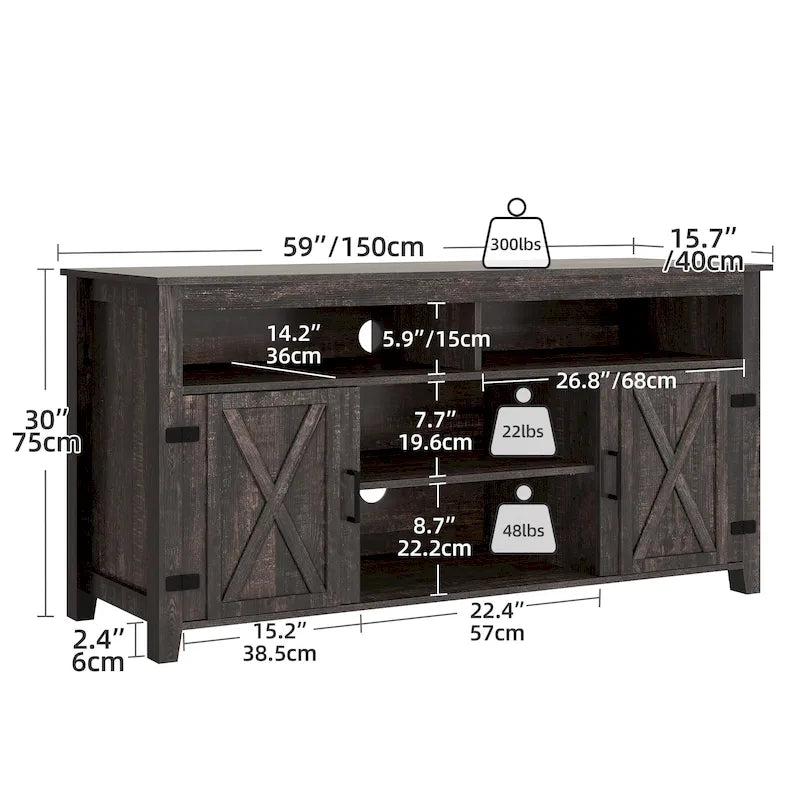 Farmhouse TV Stand for up to 65" TV with X-Door Cabinets, Open Shelves and Power Outlet