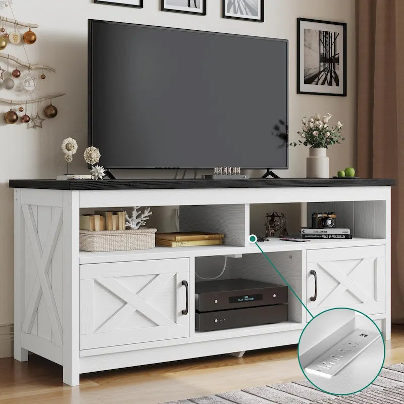 Farmhouse TV Stand for up to 65" TV with X-Door Cabinets, Open Shelves and Power Outlet