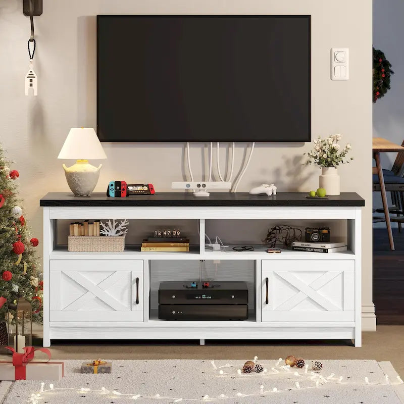 Farmhouse TV Stand for up to 65" TV with X-Door Cabinets, Open Shelves and Power Outlet