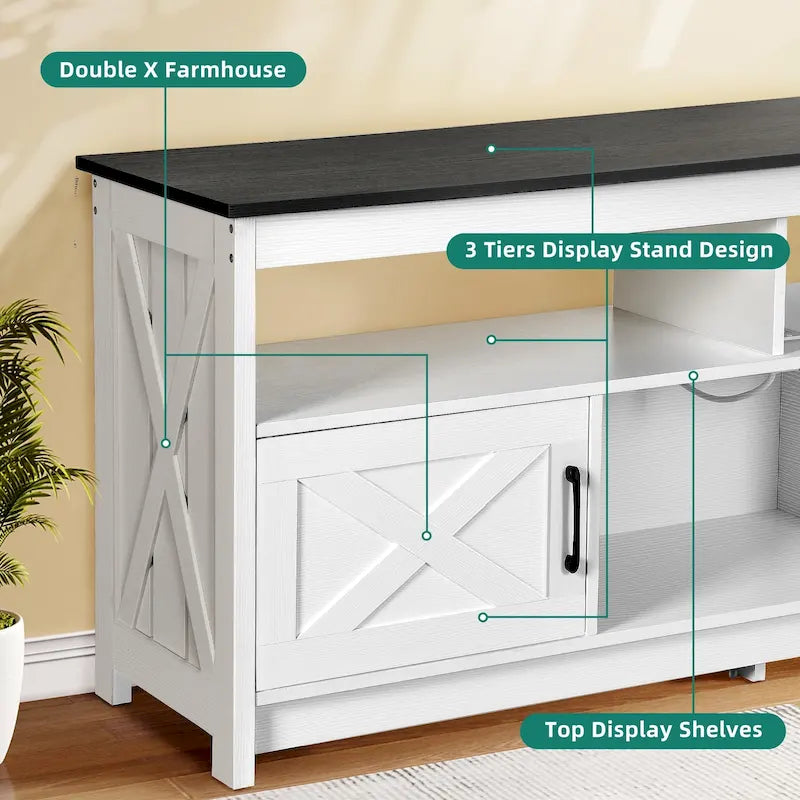 Farmhouse TV Stand for up to 65" TV with X-Door Cabinets, Open Shelves and Power Outlet
