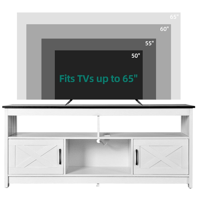 Farmhouse TV Stand for up to 65" TV with X-Door Cabinets, Open Shelves and Power Outlet