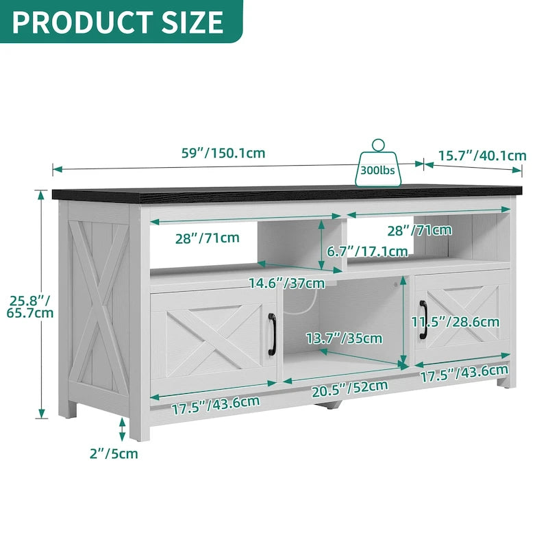 Farmhouse TV Stand for up to 65" TV with X-Door Cabinets, Open Shelves and Power Outlet