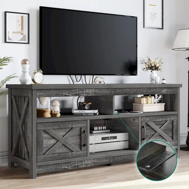 Farmhouse TV Stand for up to 65" TV with X-Door Cabinets, Open Shelves and Power Outlet