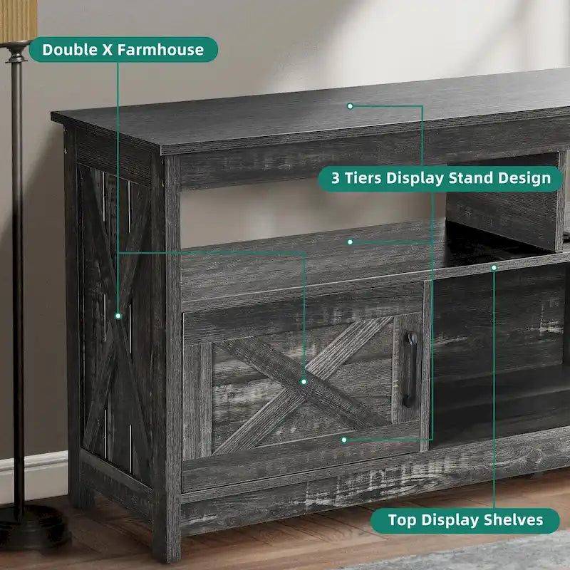 Farmhouse TV Stand for up to 65" TV with X-Door Cabinets, Open Shelves and Power Outlet