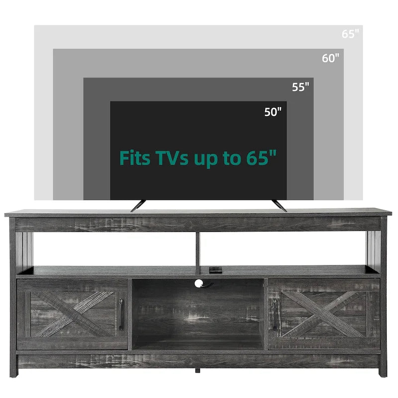Farmhouse TV Stand for up to 65" TV with X-Door Cabinets, Open Shelves and Power Outlet