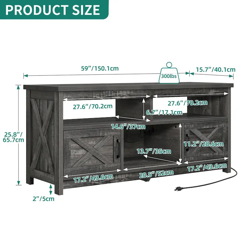 Farmhouse TV Stand for up to 65" TV with X-Door Cabinets, Open Shelves and Power Outlet