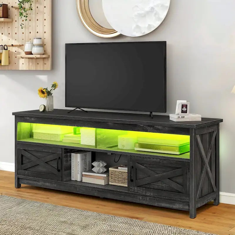 Farmhouse TV Stand for up to 65" TV with X-Door Cabinets, Open Shelves and Power Outlet