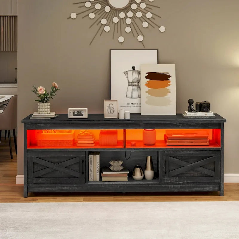 Farmhouse TV Stand for up to 65" TV with X-Door Cabinets, Open Shelves and Power Outlet