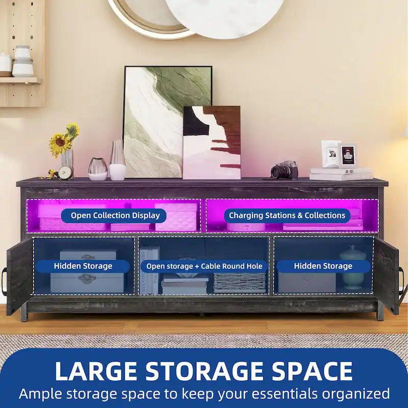 Farmhouse TV Stand for up to 65" TV with X-Door Cabinets, Open Shelves and Power Outlet
