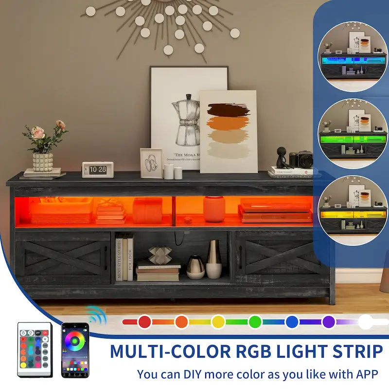 Farmhouse TV Stand for up to 65" TV with X-Door Cabinets, Open Shelves and Power Outlet
