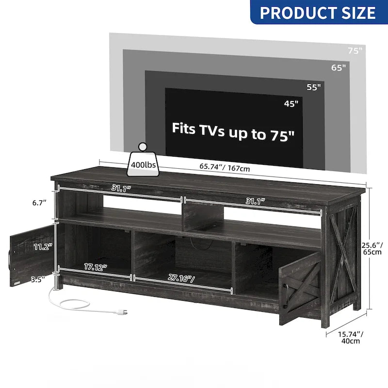 Farmhouse TV Stand for up to 65" TV with X-Door Cabinets, Open Shelves and Power Outlet