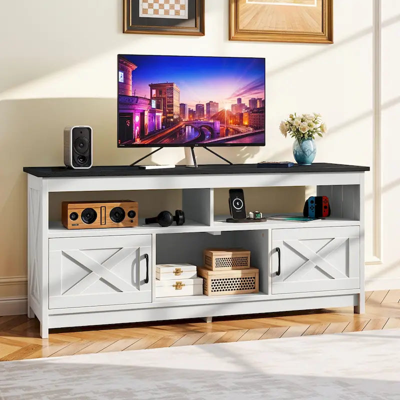 Farmhouse TV Stand for up to 65" TV with X-Door Cabinets, Open Shelves and Power Outlet