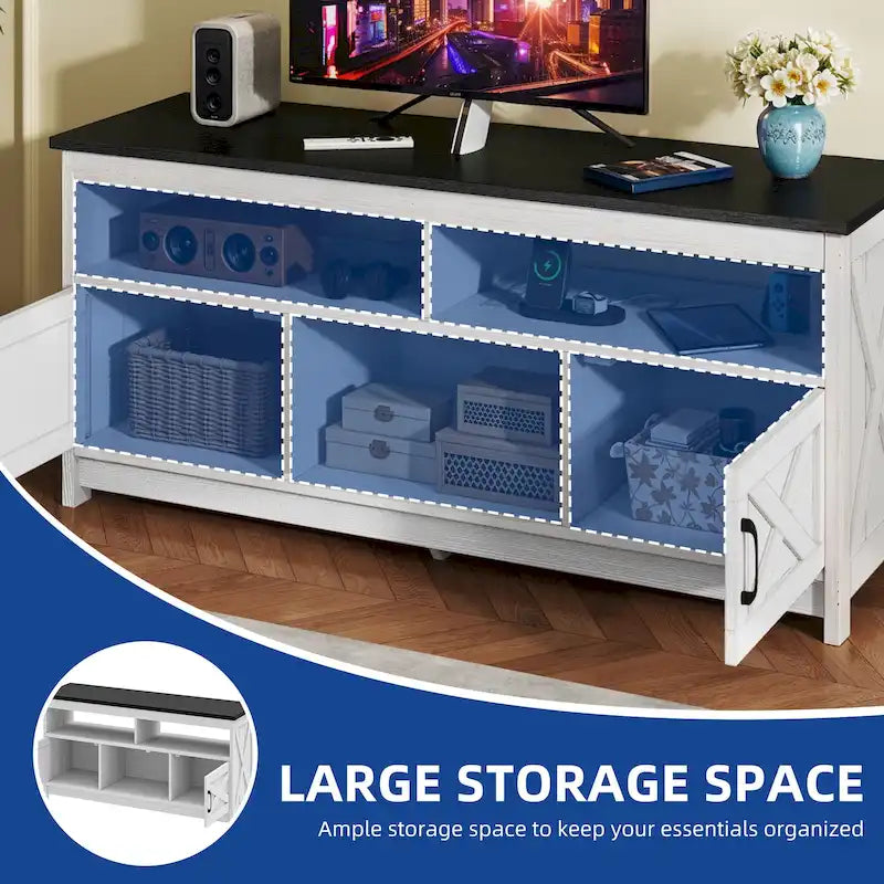 Farmhouse TV Stand for up to 65" TV with X-Door Cabinets, Open Shelves and Power Outlet