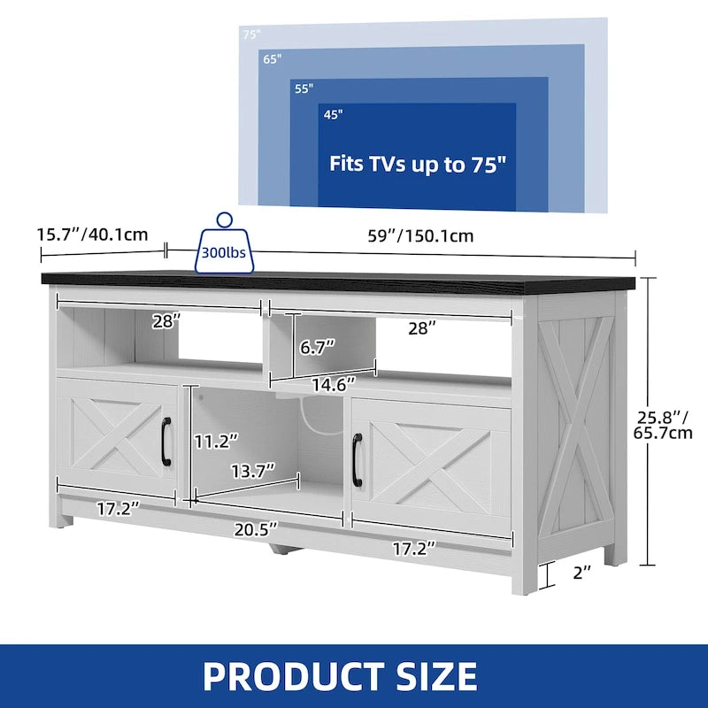 Farmhouse TV Stand for up to 65" TV with X-Door Cabinets, Open Shelves and Power Outlet