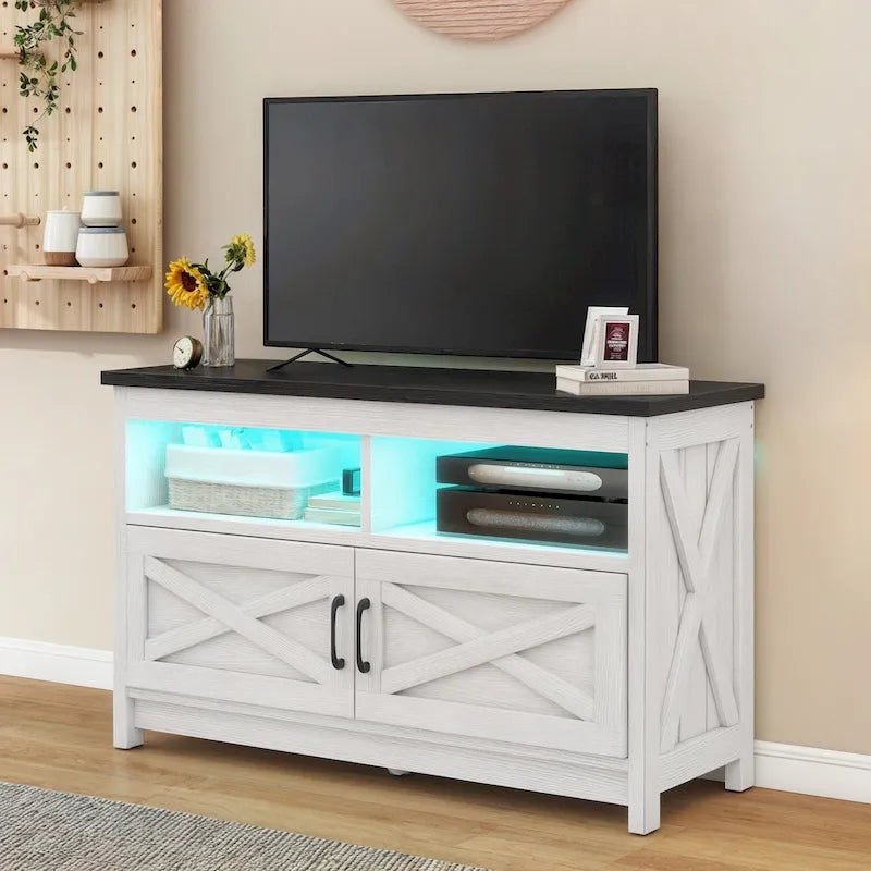 Farmhouse TV Stand for up to 65" TV with X-Door Cabinets, Open Shelves and Power Outlet