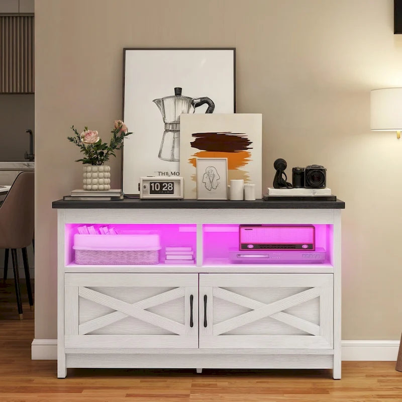 Farmhouse TV Stand for up to 65" TV with X-Door Cabinets, Open Shelves and Power Outlet