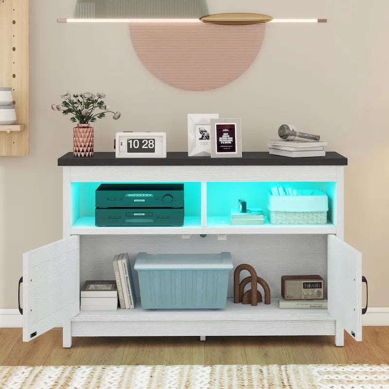 Farmhouse TV Stand for up to 65" TV with X-Door Cabinets, Open Shelves and Power Outlet