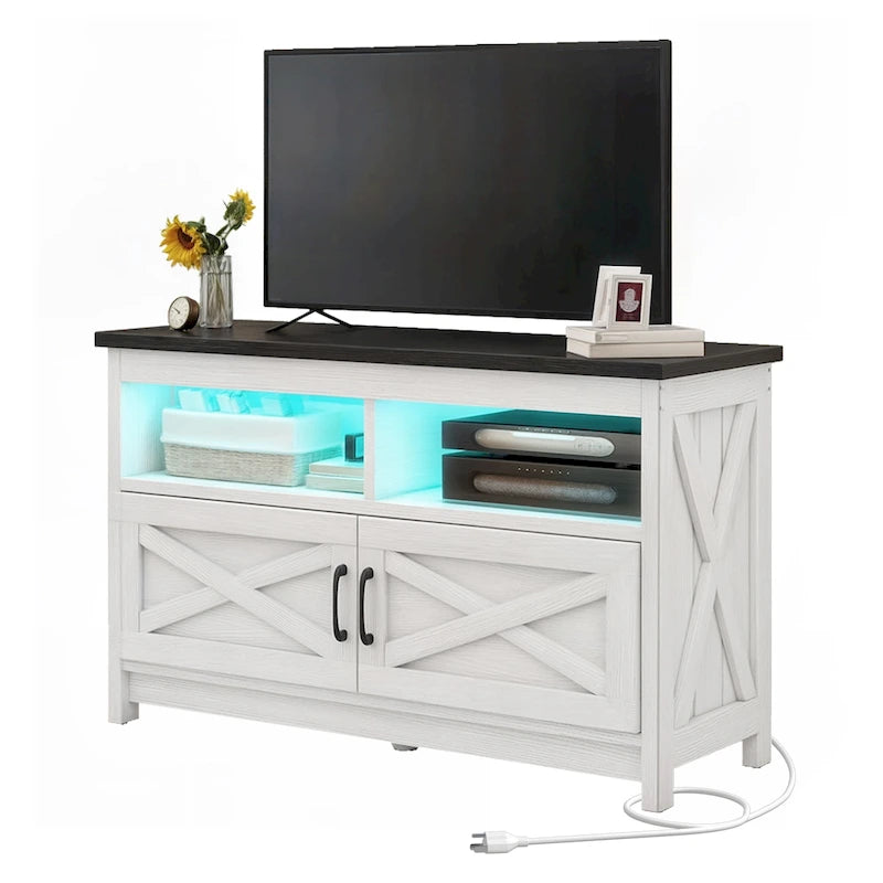 Farmhouse TV Stand for up to 65" TV with X-Door Cabinets, Open Shelves and Power Outlet