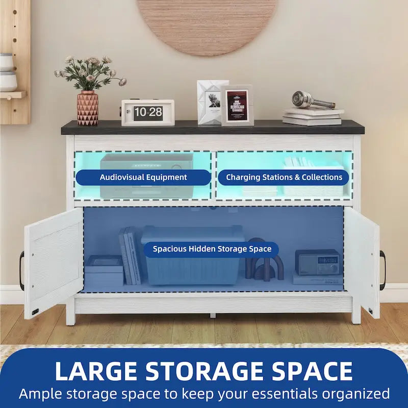 Farmhouse TV Stand for up to 65" TV with X-Door Cabinets, Open Shelves and Power Outlet
