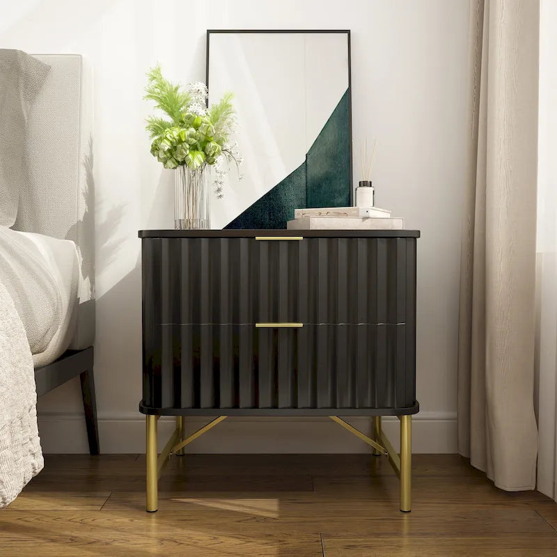 Modern MDF Nightstand with 2 Drawers, Gold Metal Legs and Geometric Ribbed Front, Multi-Color