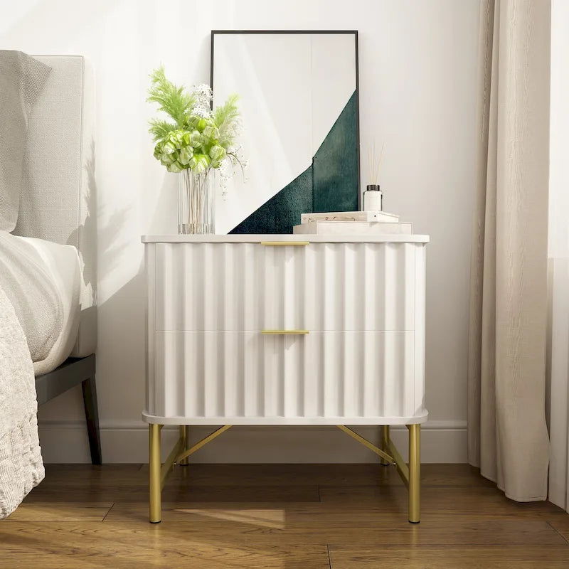 Modern MDF Nightstand with 2 Drawers, Gold Metal Legs and Geometric Ribbed Front, Multi-Color