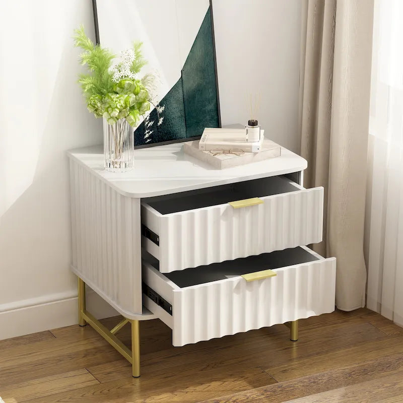 Modern MDF Nightstand with 2 Drawers, Gold Metal Legs and Geometric Ribbed Front, Multi-Color