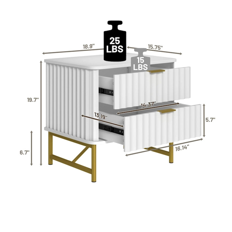 Modern MDF Nightstand with 2 Drawers, Gold Metal Legs and Geometric Ribbed Front, Multi-Color