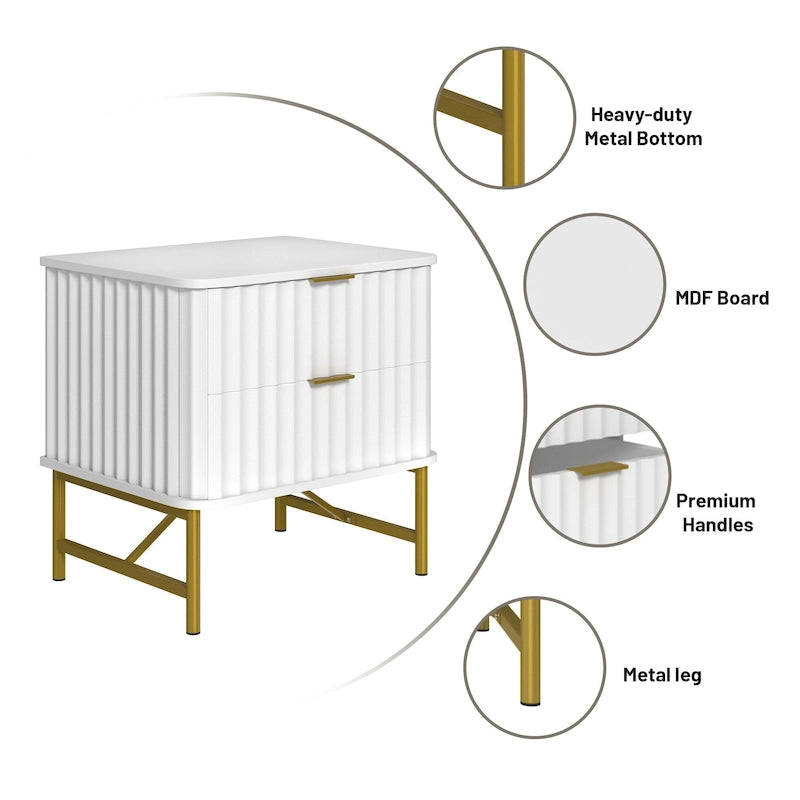 Modern MDF Nightstand with 2 Drawers, Gold Metal Legs and Geometric Ribbed Front, Multi-Color