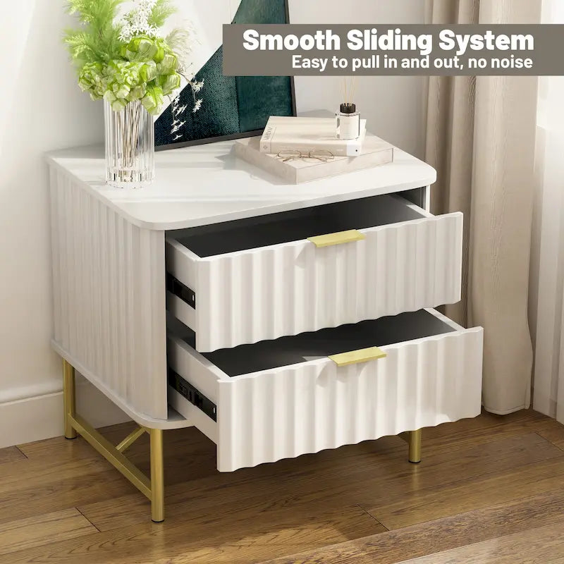 Modern MDF Nightstand with 2 Drawers, Gold Metal Legs and Geometric Ribbed Front, Multi-Color