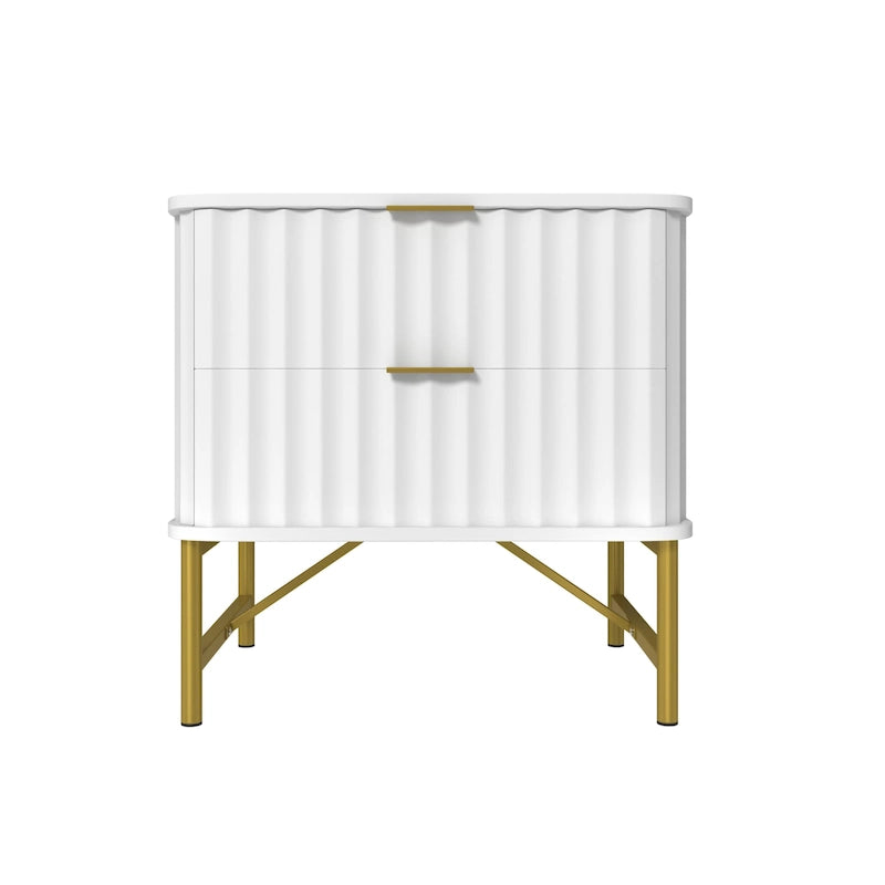 Modern MDF Nightstand with 2 Drawers, Gold Metal Legs and Geometric Ribbed Front, Multi-Color