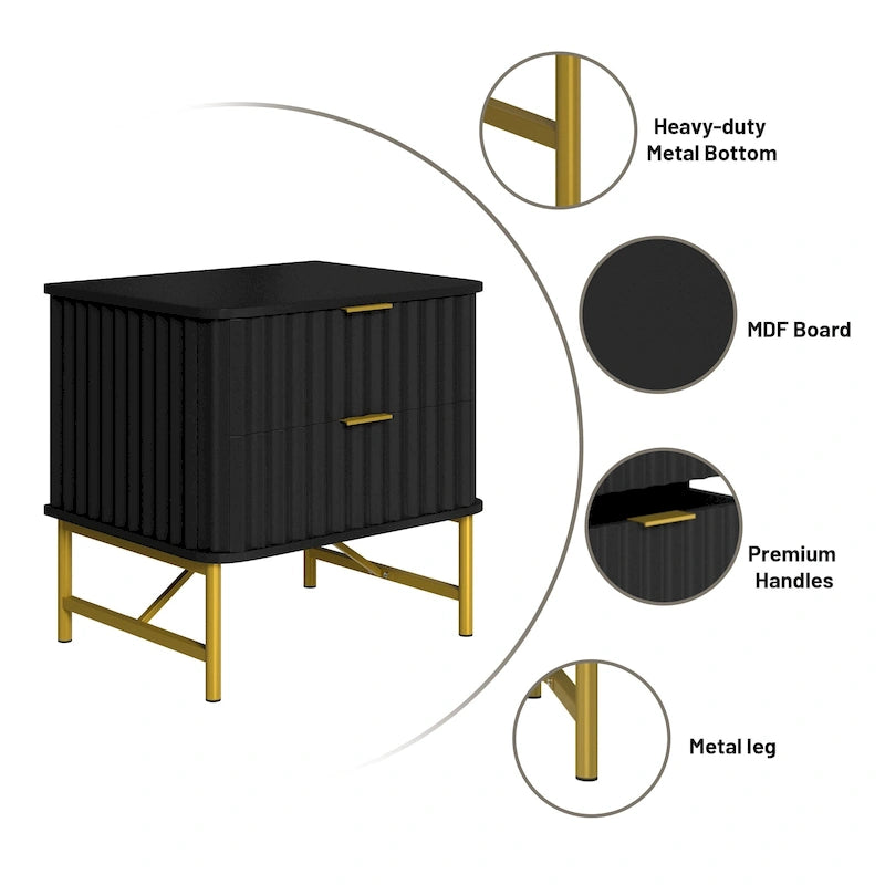 Modern MDF Nightstand with 2 Drawers, Gold Metal Legs and Geometric Ribbed Front, Multi-Color