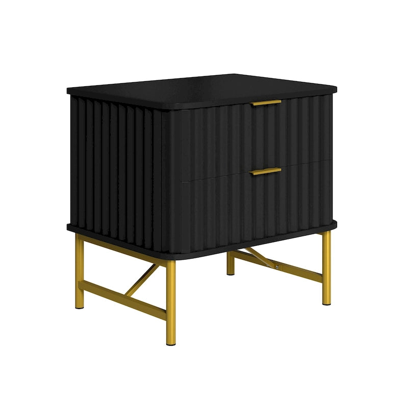 Modern MDF Nightstand with 2 Drawers, Gold Metal Legs and Geometric Ribbed Front, Multi-Color