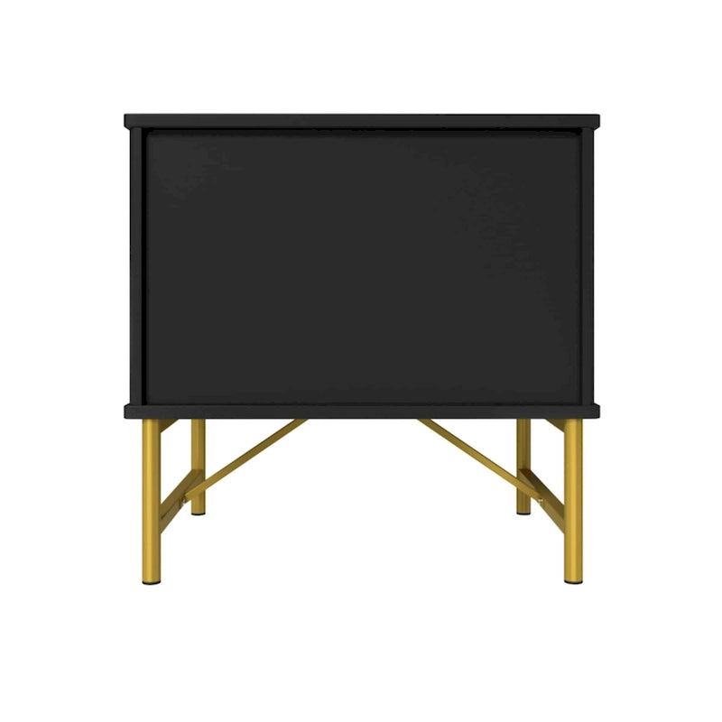Modern MDF Nightstand with 2 Drawers, Gold Metal Legs and Geometric Ribbed Front, Multi-Color
