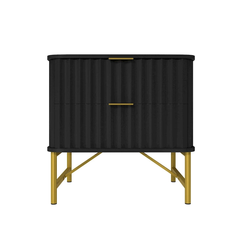 Modern MDF Nightstand with 2 Drawers, Gold Metal Legs and Geometric Ribbed Front, Multi-Color