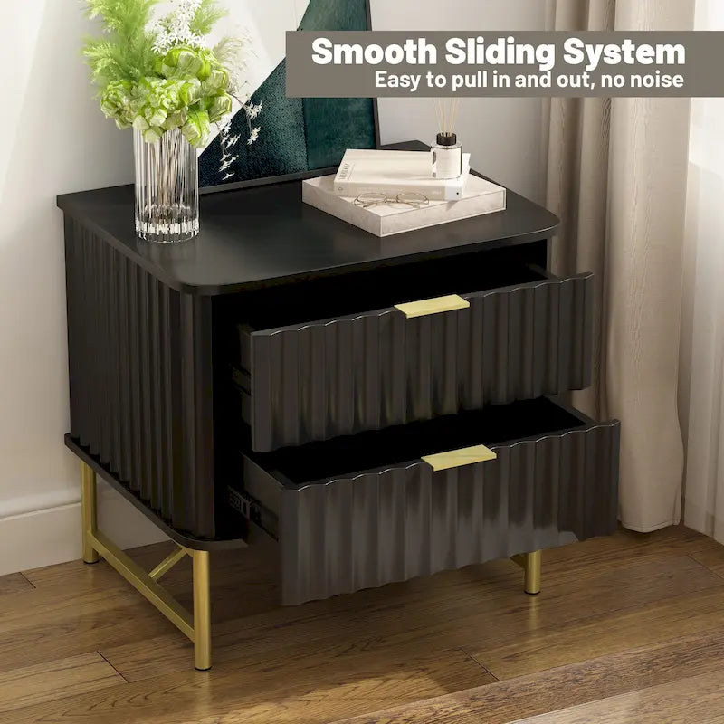Modern MDF Nightstand with 2 Drawers, Gold Metal Legs and Geometric Ribbed Front, Multi-Color