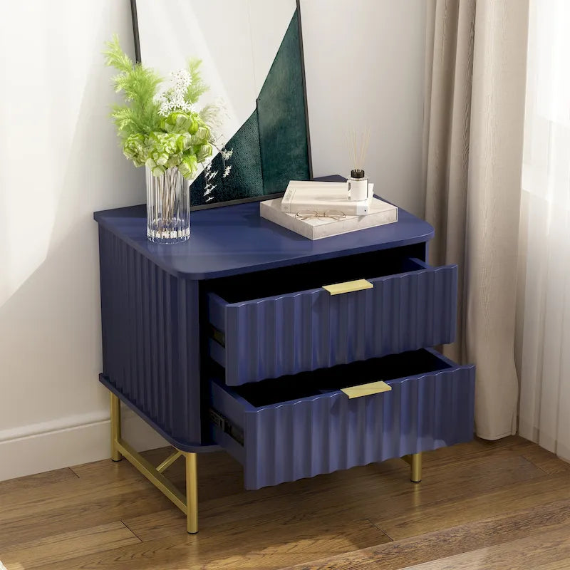 Modern MDF Nightstand with 2 Drawers, Gold Metal Legs and Geometric Ribbed Front, Multi-Color