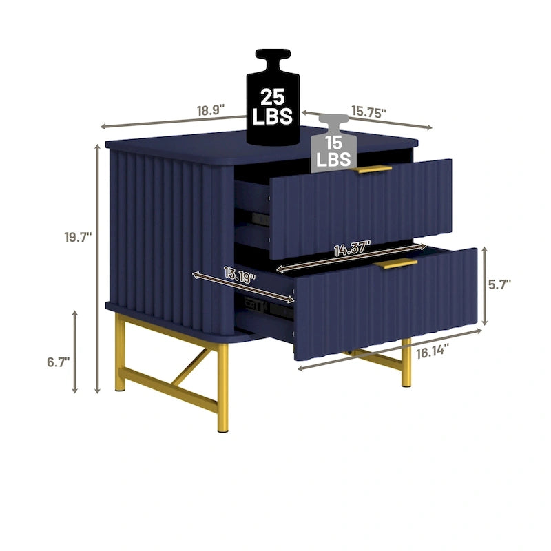 Modern MDF Nightstand with 2 Drawers, Gold Metal Legs and Geometric Ribbed Front, Multi-Color