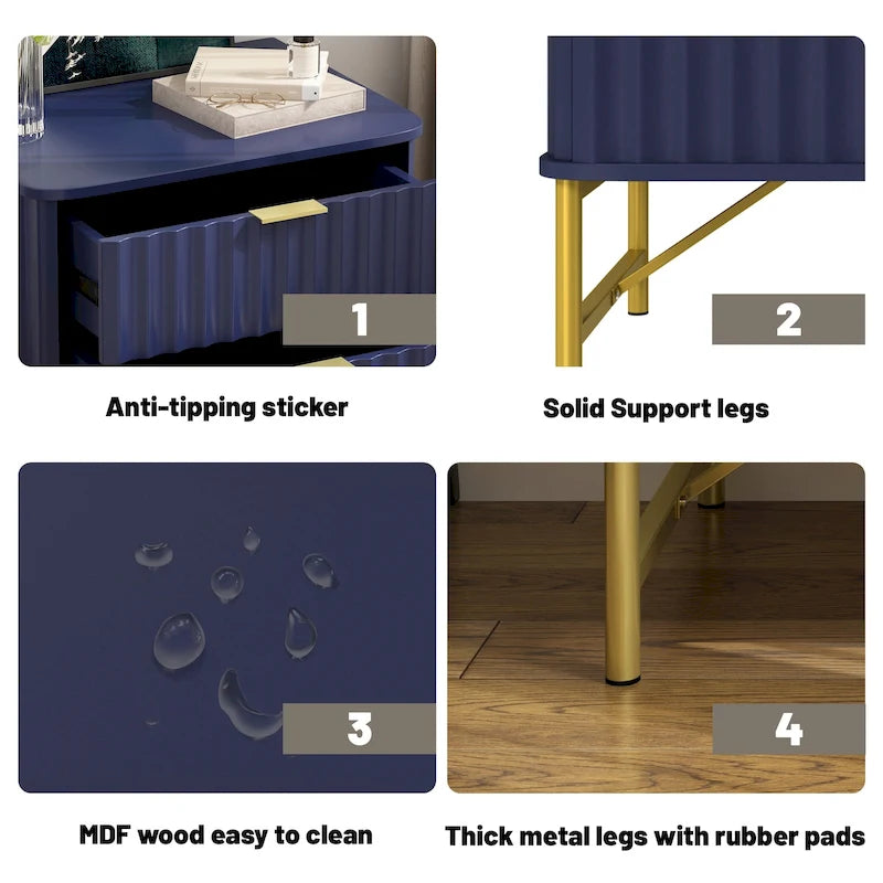 Modern MDF Nightstand with 2 Drawers, Gold Metal Legs and Geometric Ribbed Front, Multi-Color