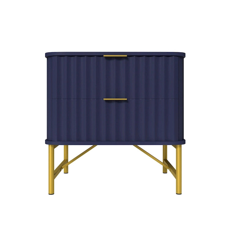 Modern MDF Nightstand with 2 Drawers, Gold Metal Legs and Geometric Ribbed Front, Multi-Color