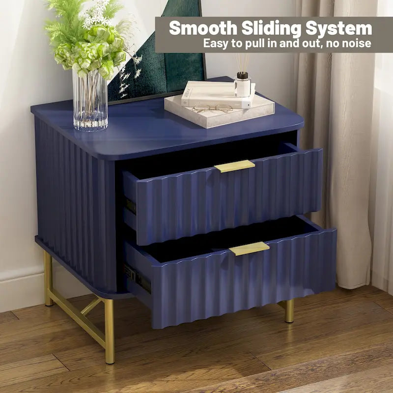 Modern MDF Nightstand with 2 Drawers, Gold Metal Legs and Geometric Ribbed Front, Multi-Color
