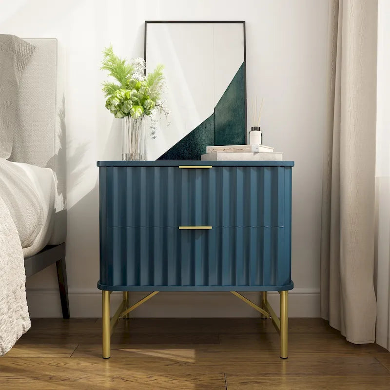 Modern MDF Nightstand with 2 Drawers, Gold Metal Legs and Geometric Ribbed Front, Multi-Color