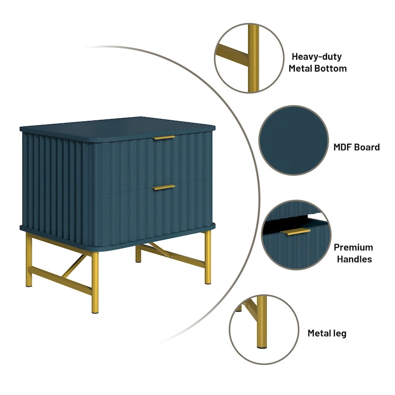 Modern MDF Nightstand with 2 Drawers, Gold Metal Legs and Geometric Ribbed Front, Multi-Color