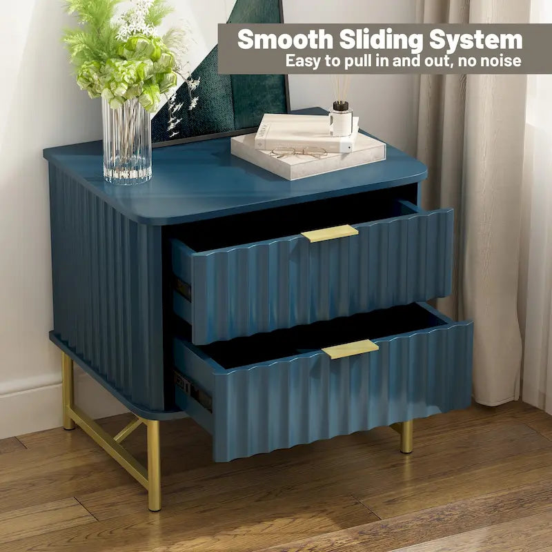 Modern MDF Nightstand with 2 Drawers, Gold Metal Legs and Geometric Ribbed Front, Multi-Color